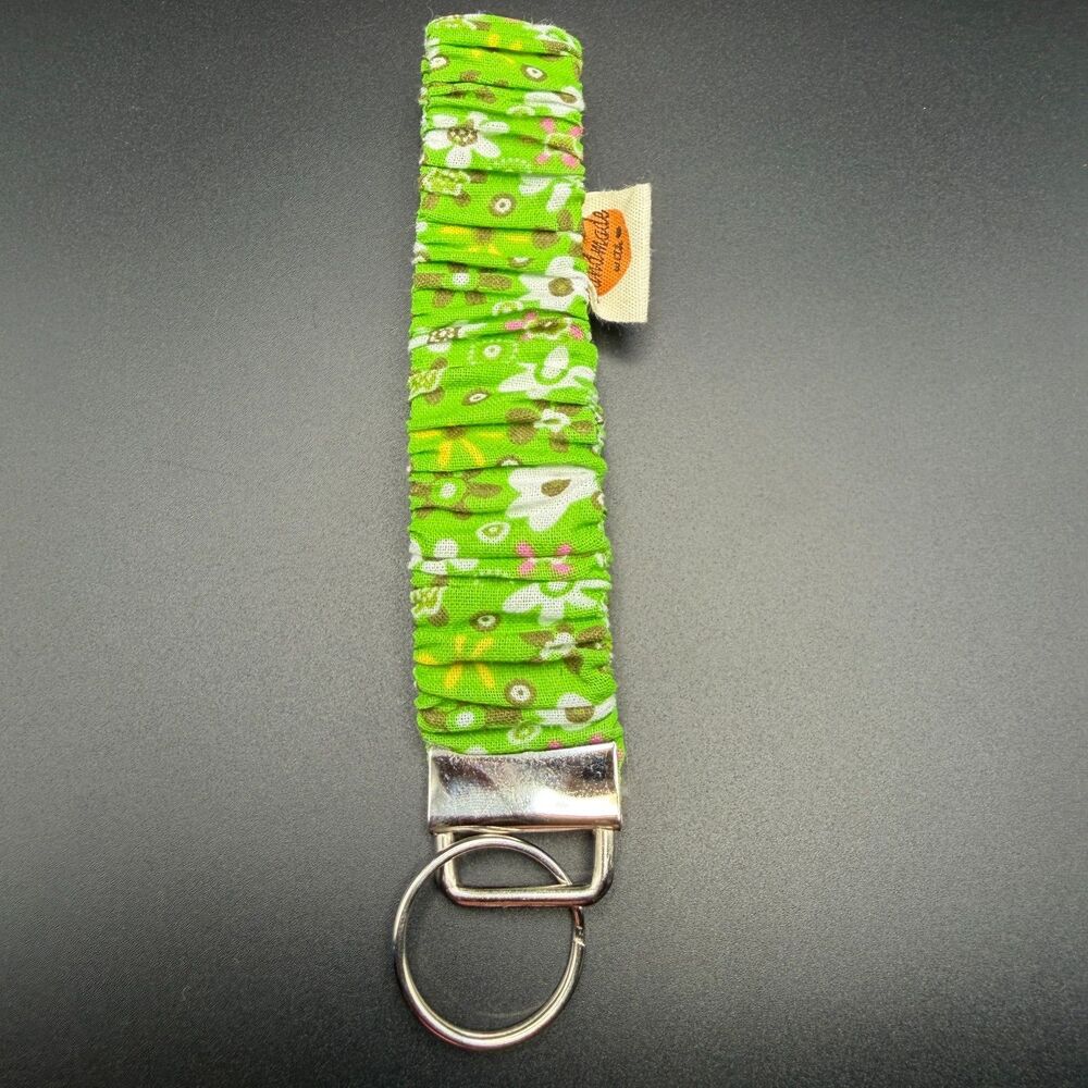 Handmade Green Floral Scrunchie Wristlet Keychain